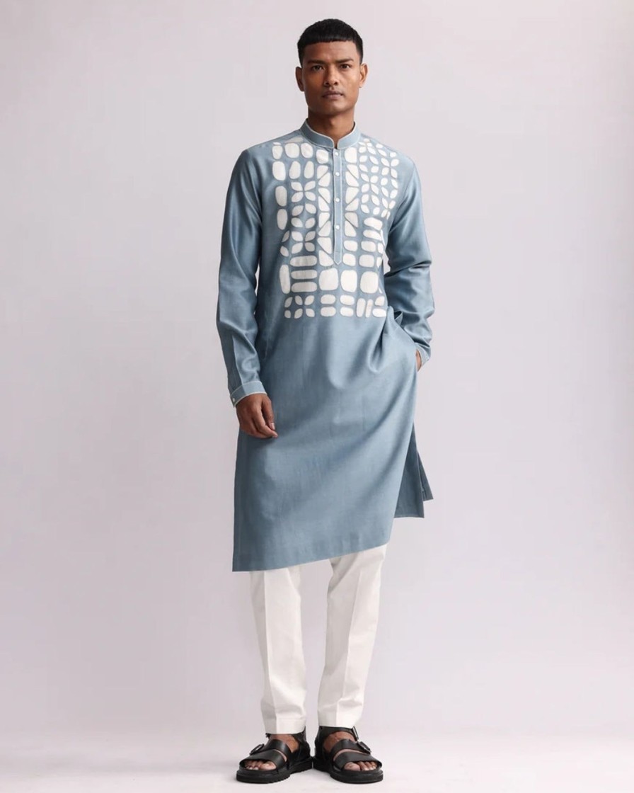 Mens Country Made | Light Blue Shadow Applique Yoke Kurta Set