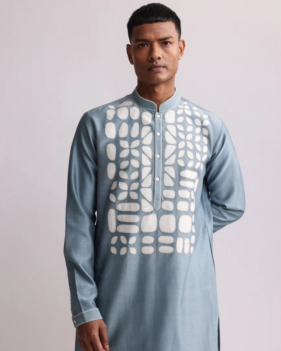 Mens Country Made | Light Blue Shadow Applique Yoke Kurta Set