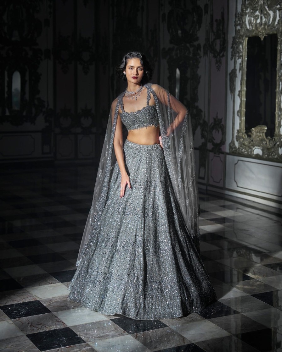 Bridal Seema Gujral | Dark Grey Sequin Lehenga Set