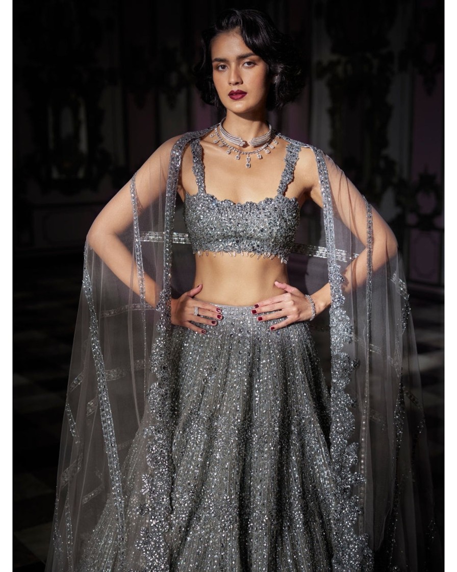 Bridal Seema Gujral | Dark Grey Sequin Lehenga Set