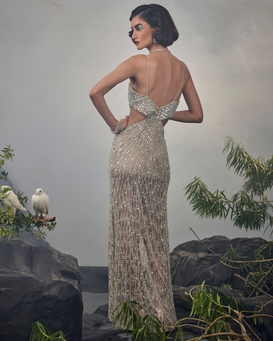 Womens Esha Sethi Thirani | Silver Beaded Cutout Gown