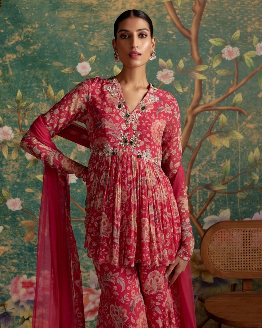 Womens Ridhi Mehra | Royal Fuchsia Print Awespiring Gharara Set