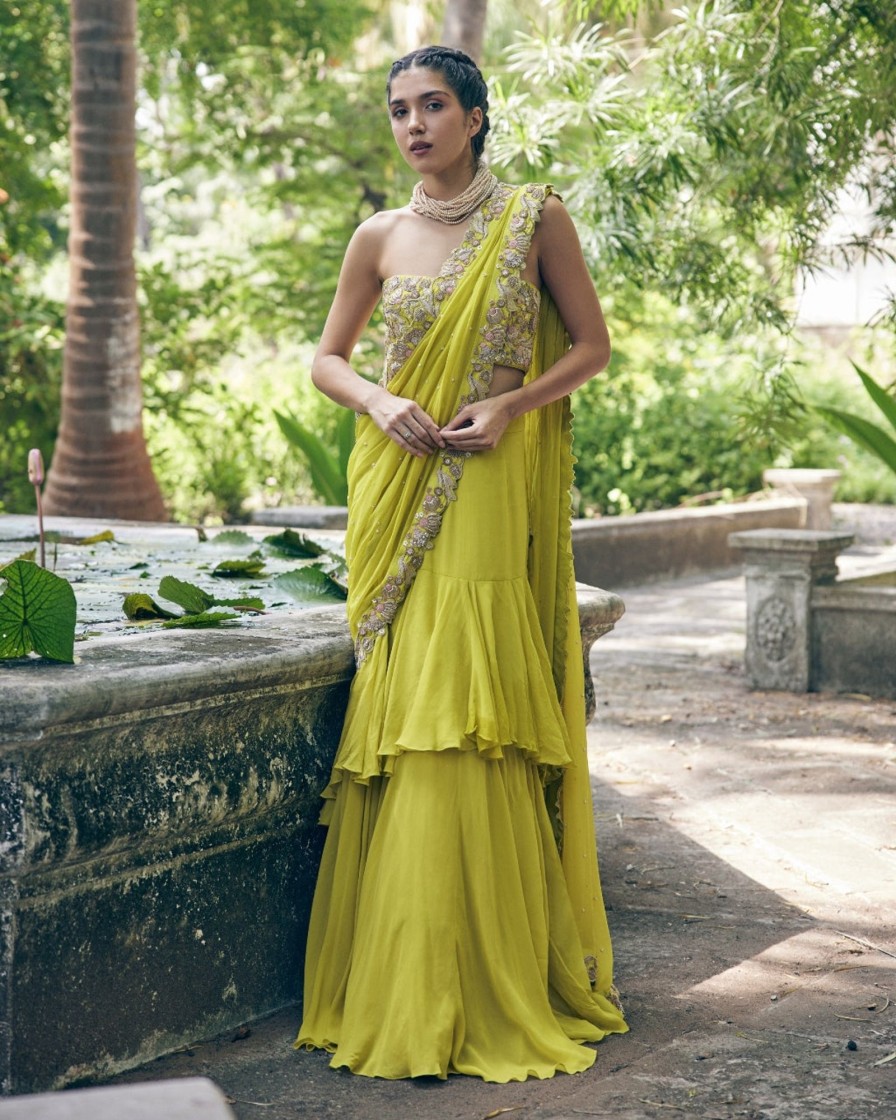 Womens Paulmi u0026 Harsh | Lime Yellow Hand Embroidered Pre Stitch Sari Set