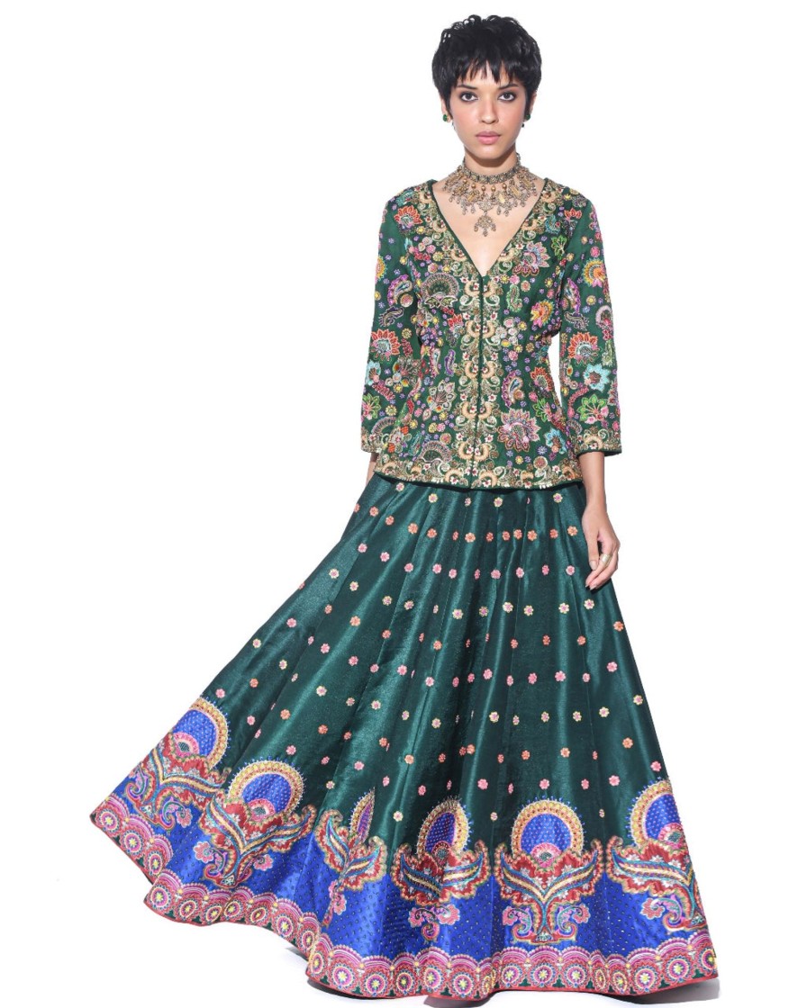 Womens Siddhartha Bansal | Bottle Green Embroidered Peplum Top U0026 Lehenga Set