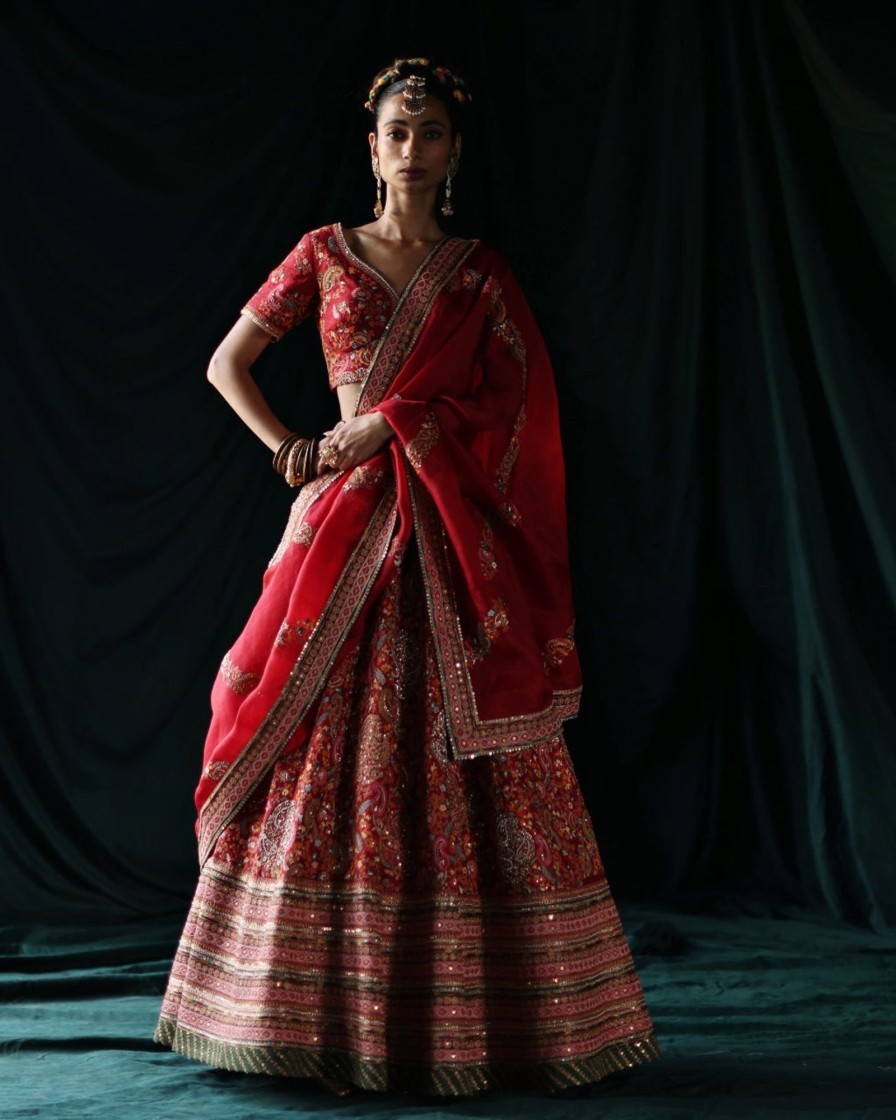 Womens Petticoat Lane | Red Floral Embroidered Lehenga Set