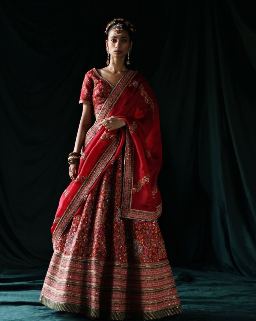 Womens Petticoat Lane | Red Floral Embroidered Lehenga Set