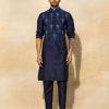 Mens Diya Rajvvir Mens | Dark Blue Feather Embroidered Kurta Set