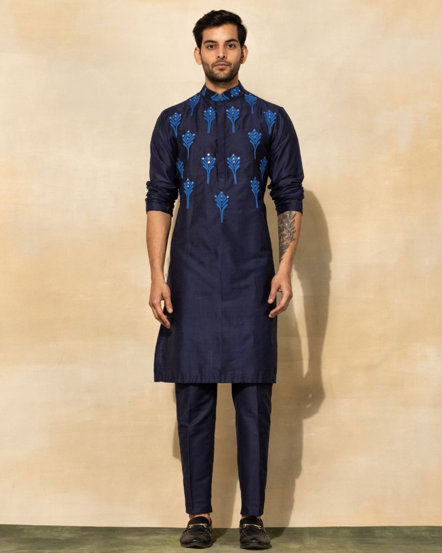 Mens Diya Rajvvir Mens | Dark Blue Feather Embroidered Kurta Set