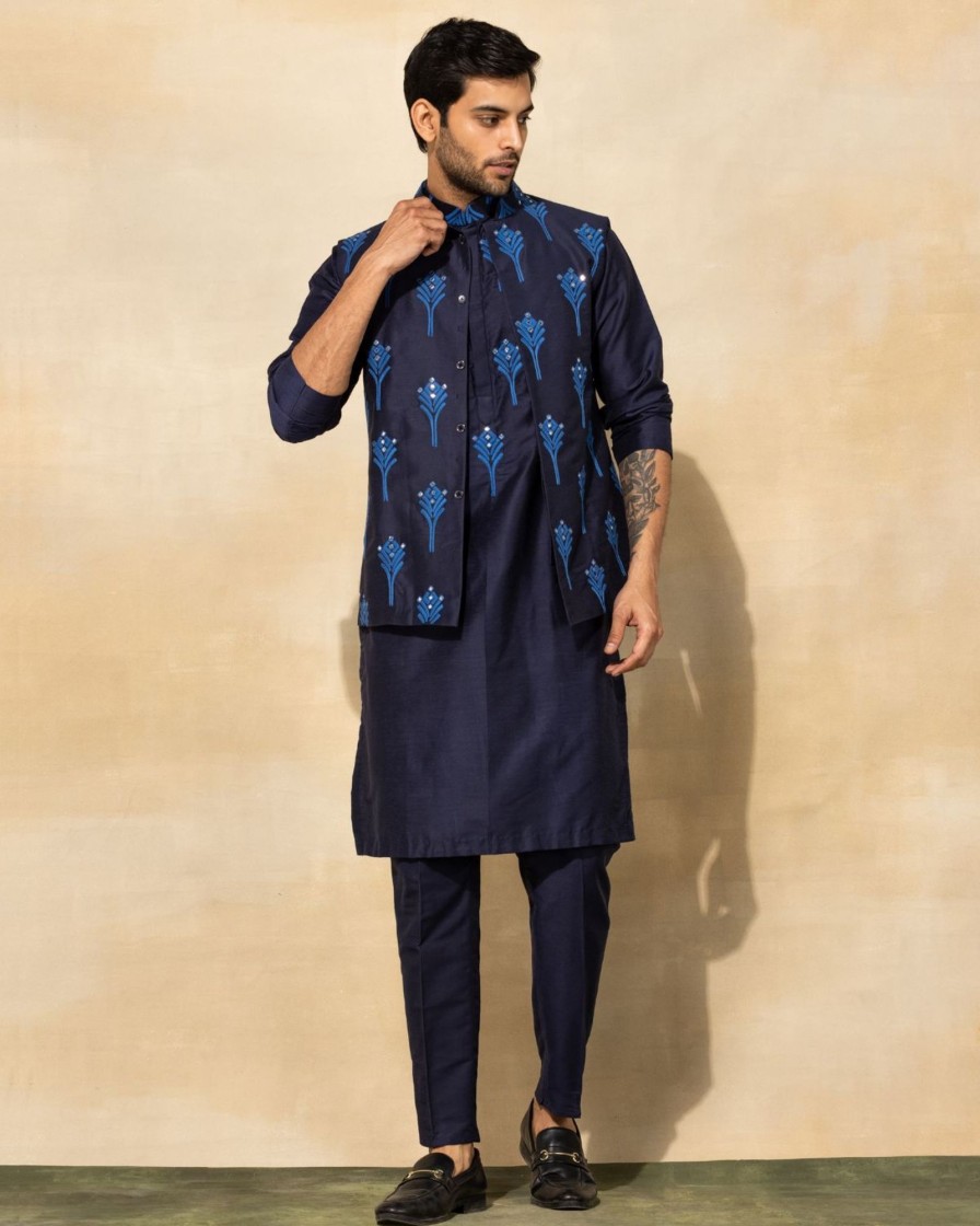 Mens Diya Rajvvir Mens | Dark Blue Feather Embroidered Kurta Set