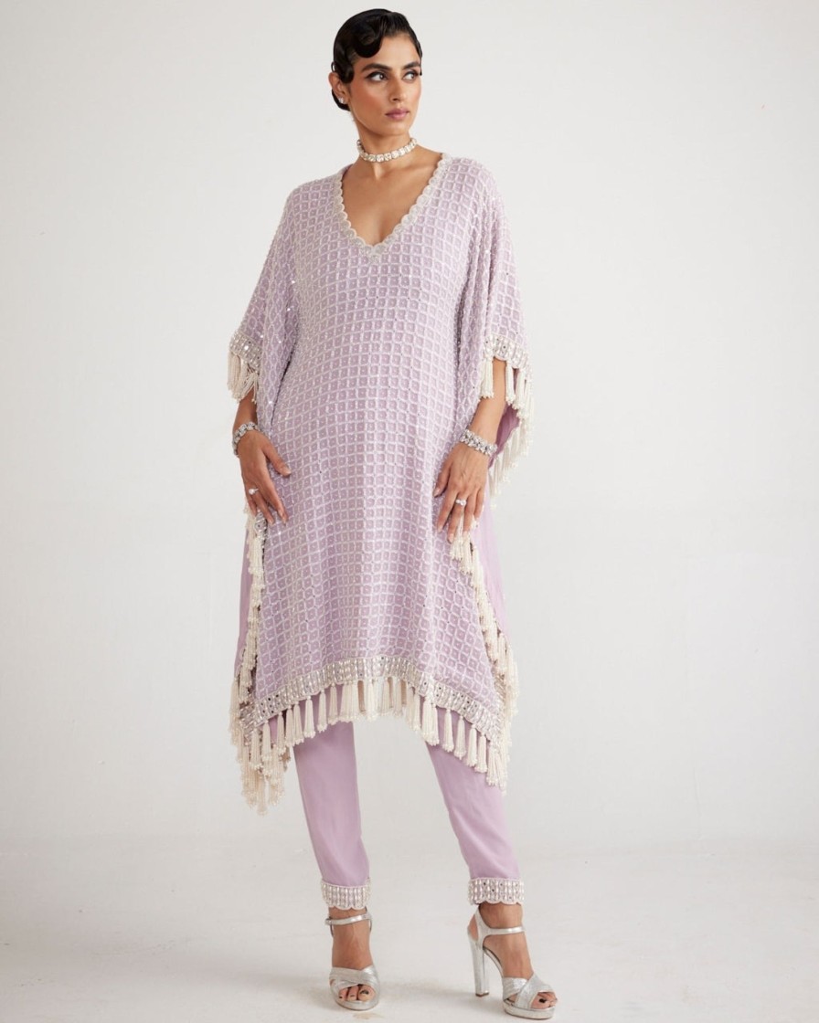 Womens Vvani by Vani Vats | Powder Lilac Chandelier Pearl Drop Kaftan Set