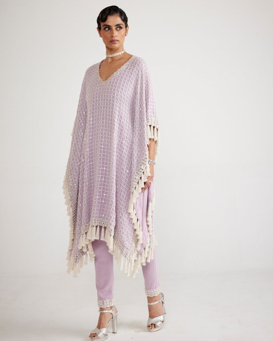 Womens Vvani by Vani Vats | Powder Lilac Chandelier Pearl Drop Kaftan Set