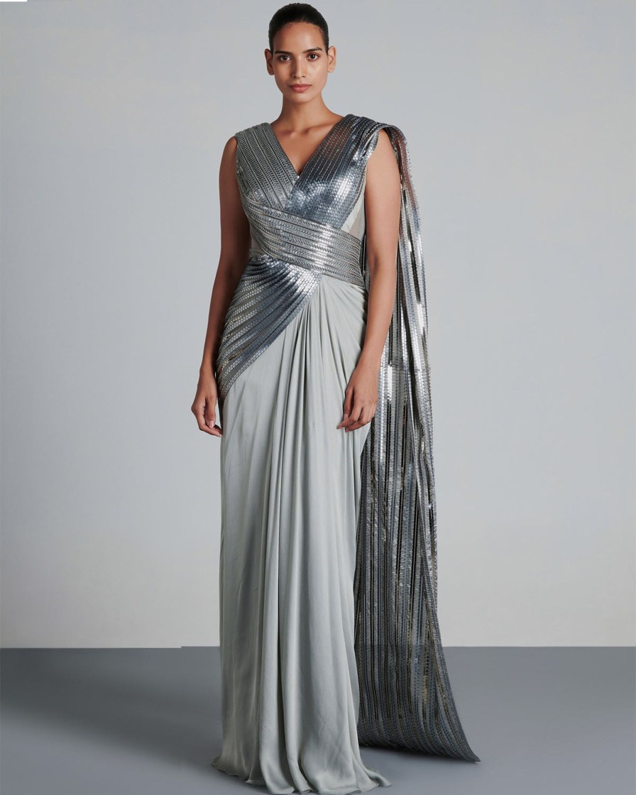 Bridal Amit Aggarwal | Ice Gray Metallic Winged Sari