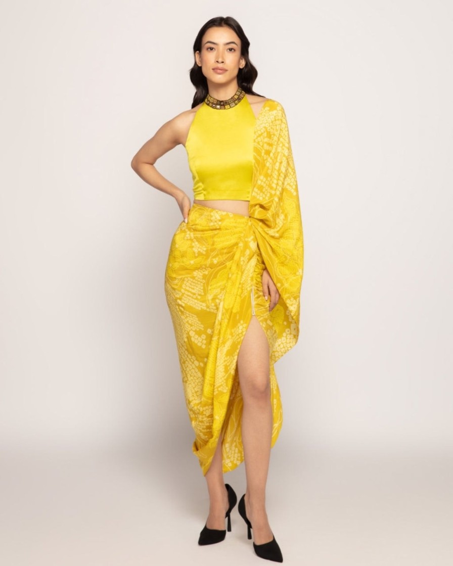 Womens Saaksha u0026 Kinni | Yellow Periwinkle Drape Sari Set