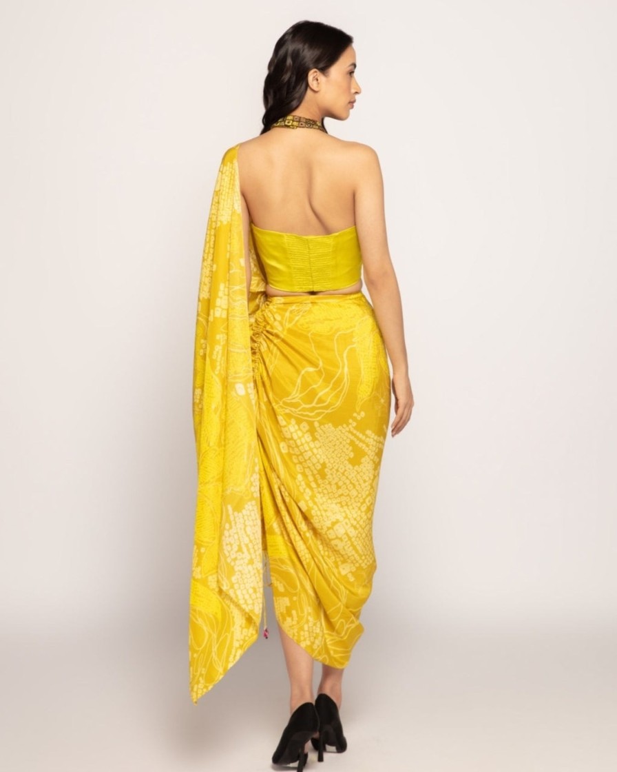 Womens Saaksha u0026 Kinni | Yellow Periwinkle Drape Sari Set