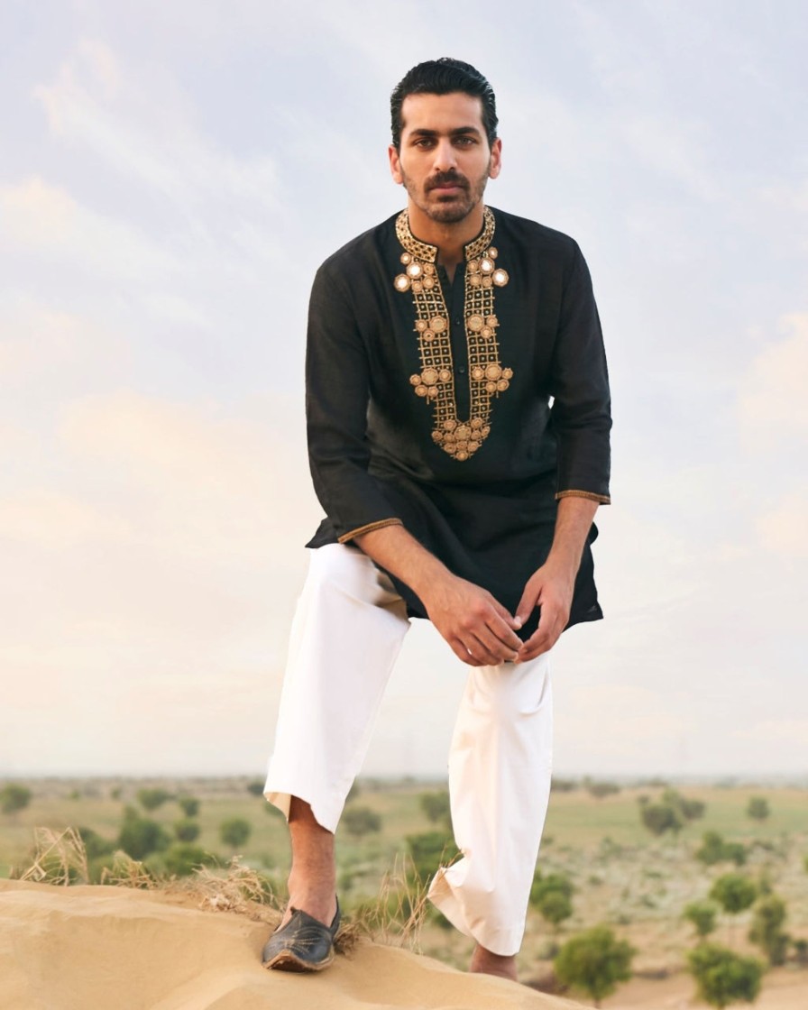 Mens Punit Balana Menswear | Classic Black Kurta Set With Gold Mirrors