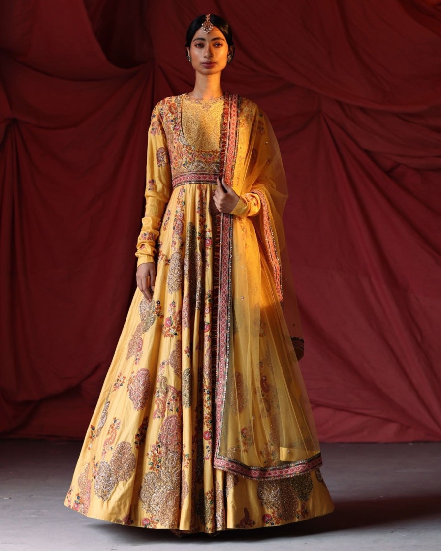 Womens Petticoat Lane | Yellow Paisley Anarkali Kalidar Set