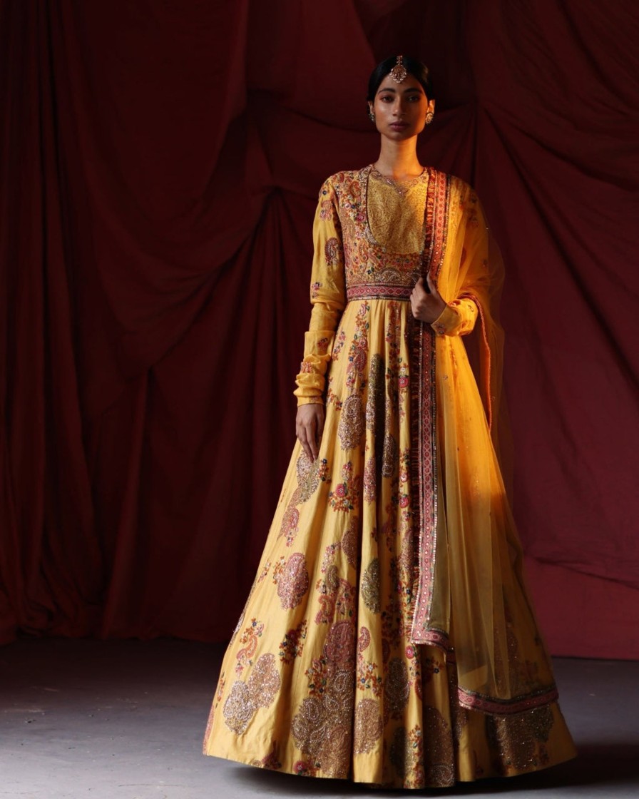 Womens Petticoat Lane | Yellow Paisley Anarkali Kalidar Set