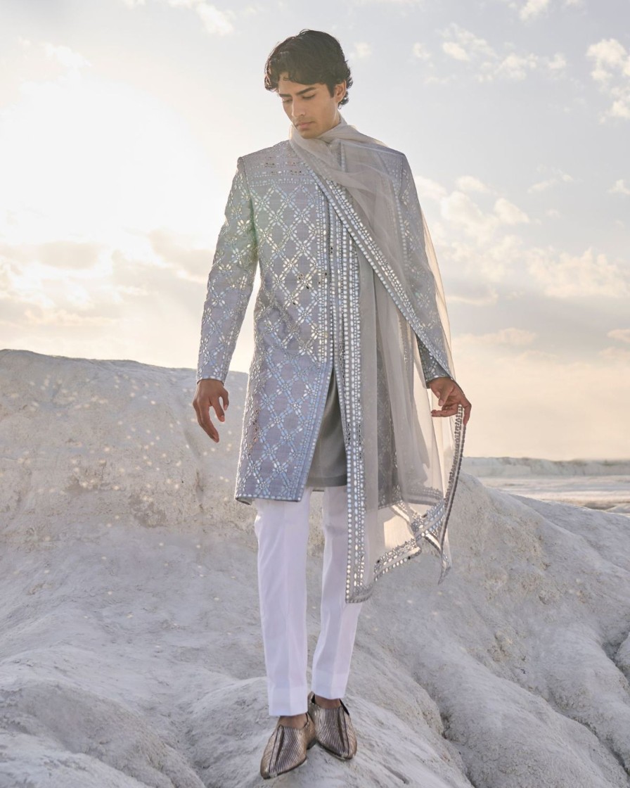 Mens Seema Gujral Mens | Metallic Grey Mirror Work Sherwani Set