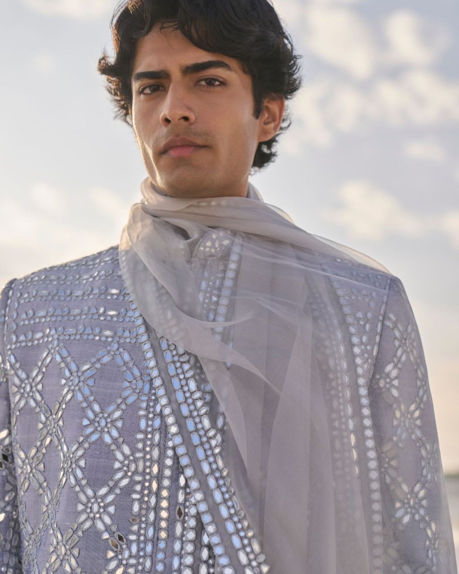 Mens Seema Gujral Mens | Metallic Grey Mirror Work Sherwani Set