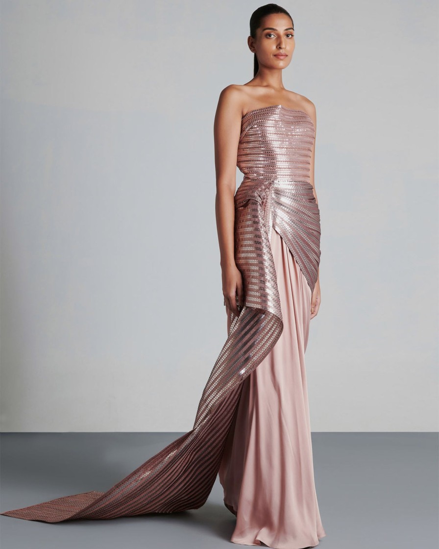 Womens Amit Aggarwal | Blush Metallic Draped Gown