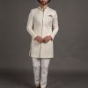 Mens Arjan Dugal | White Silk Georgette Embroidered Achkan Set