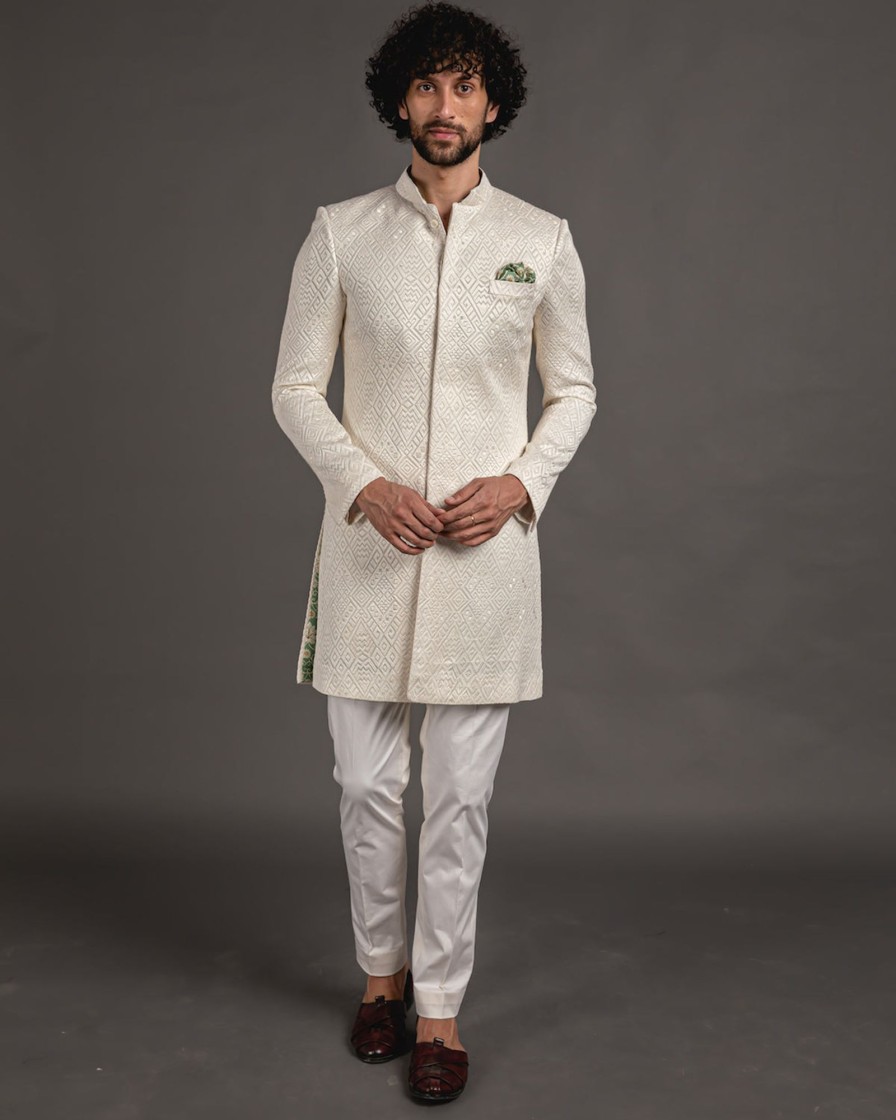 Mens Arjan Dugal | White Silk Georgette Embroidered Achkan Set