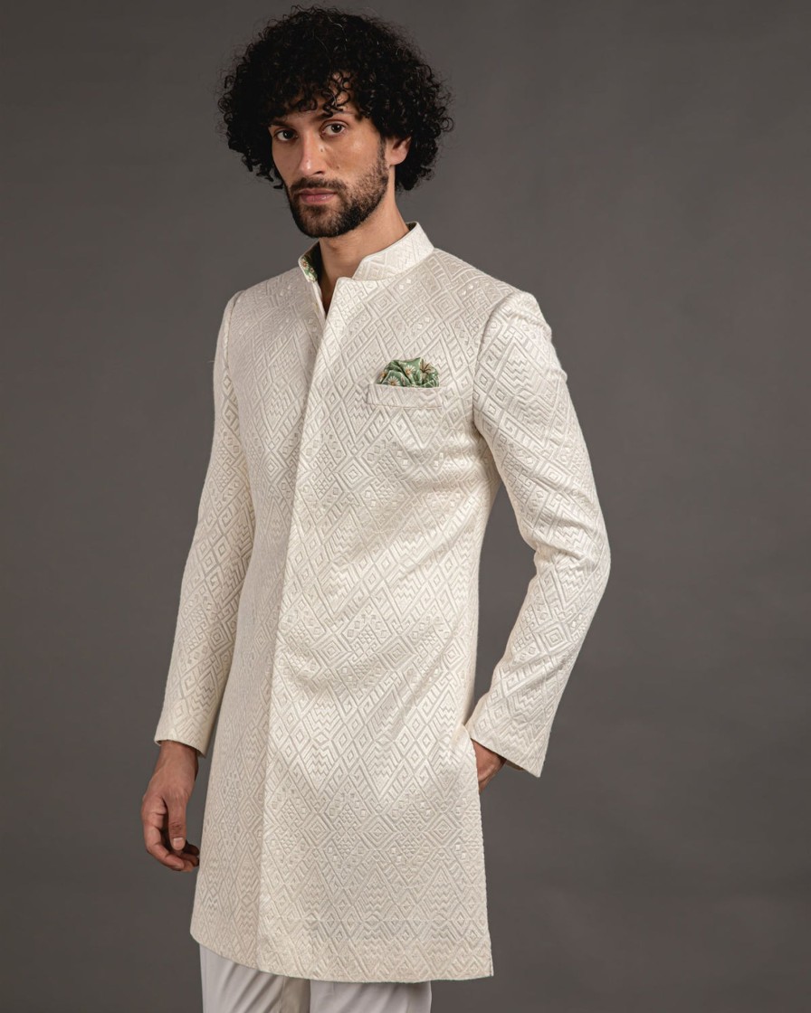 Mens Arjan Dugal | White Silk Georgette Embroidered Achkan Set