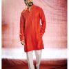 Mens Devnaagri Mens | Red Self Embroidered Chanderi Kurta Set