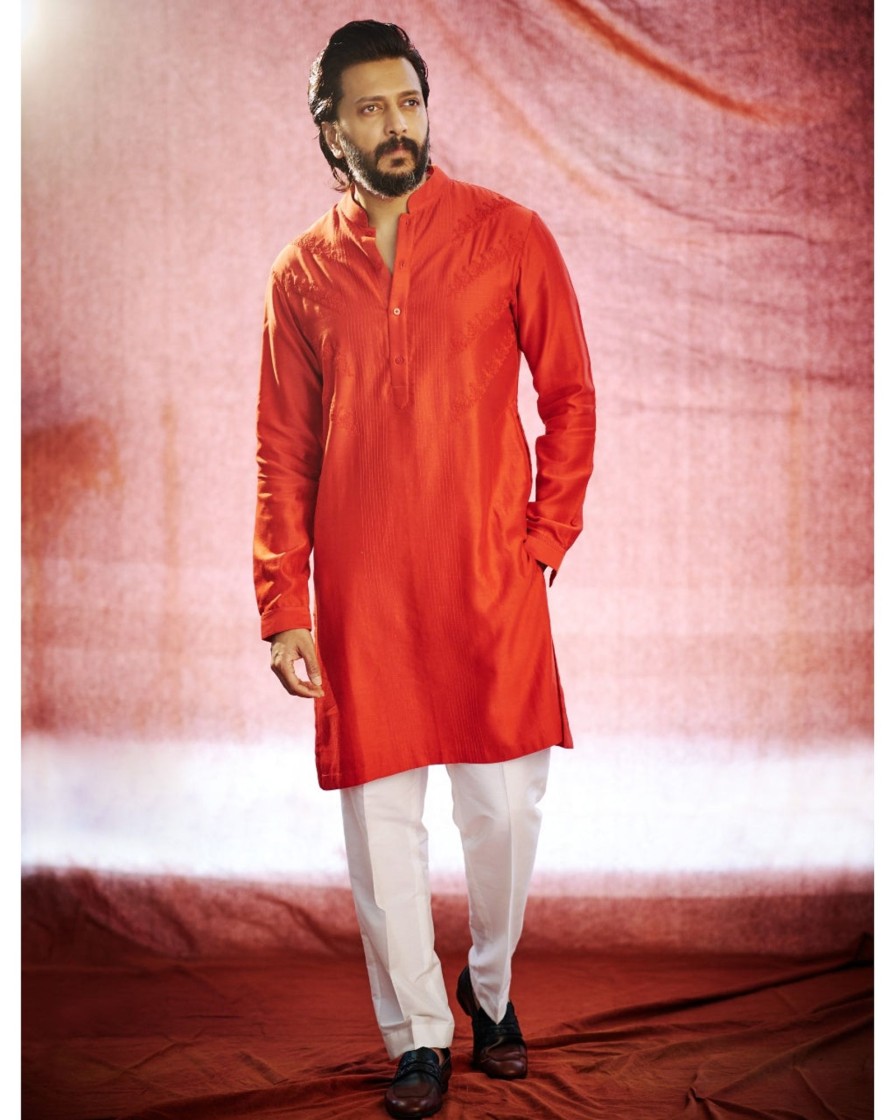 Mens Devnaagri Mens | Red Self Embroidered Chanderi Kurta Set