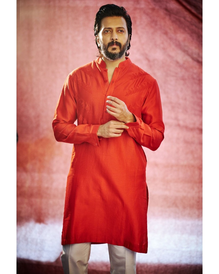 Mens Devnaagri Mens | Red Self Embroidered Chanderi Kurta Set