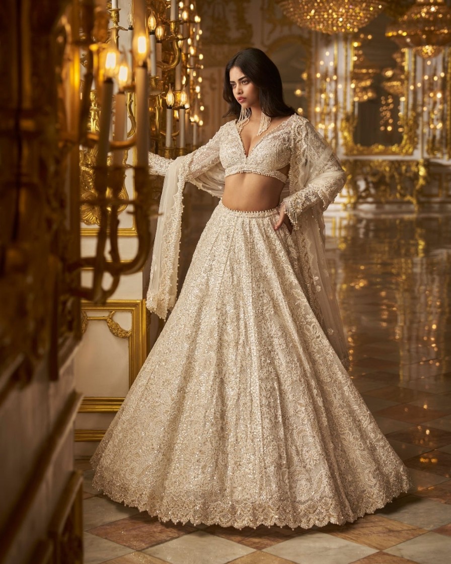 Bridal Seema Gujral | Ivory Gold Floral Lehenga Set