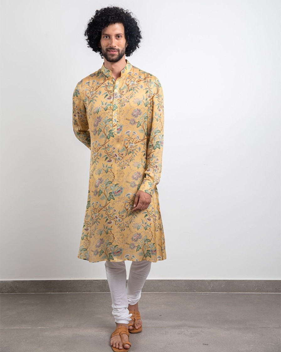 Mens Arjan Dugal | Yellow Modale Silk Kurta Set