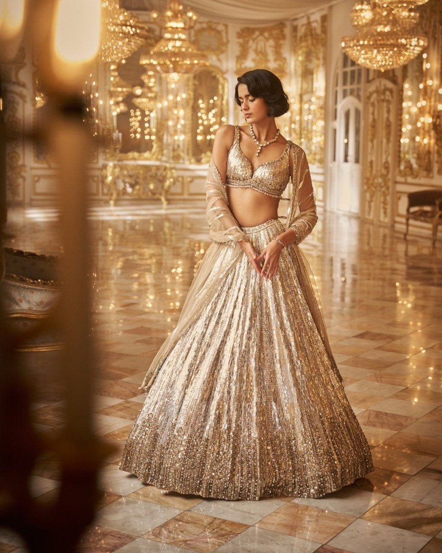 Bridal Seema Gujral | Silver Gold Crystal Lehenga Set