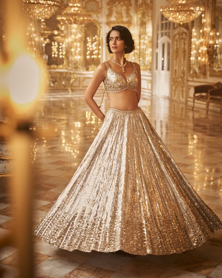 Bridal Seema Gujral | Silver Gold Crystal Lehenga Set