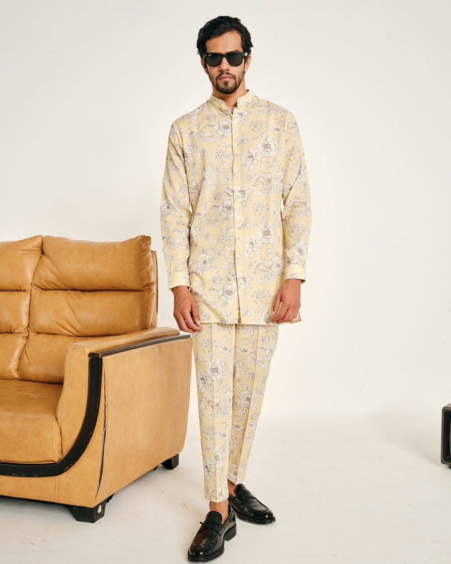 Mens Project Bandi | Yellow Garden Rose Linen Kurta Pajama Set