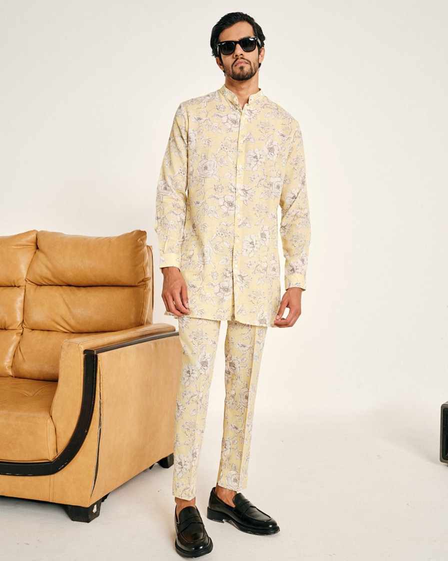 Mens Project Bandi | Yellow Garden Rose Linen Kurta Pajama Set