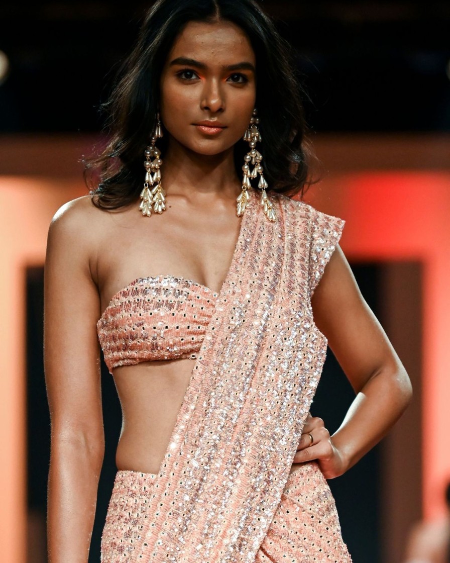 Bridal Arpita Mehta | Dust Pink Hand Embroidered Sari Set