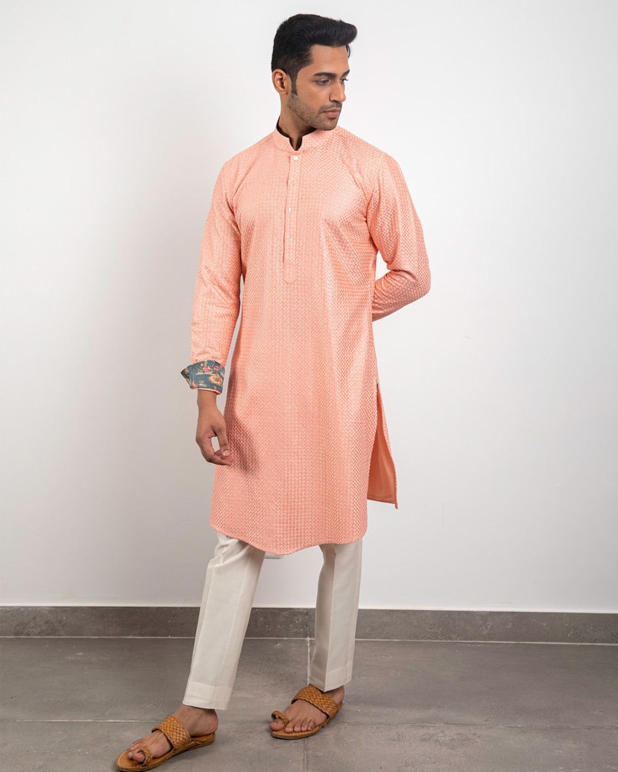 Mens Arjan Dugal | Peach Chanderi Silk Kurta Set