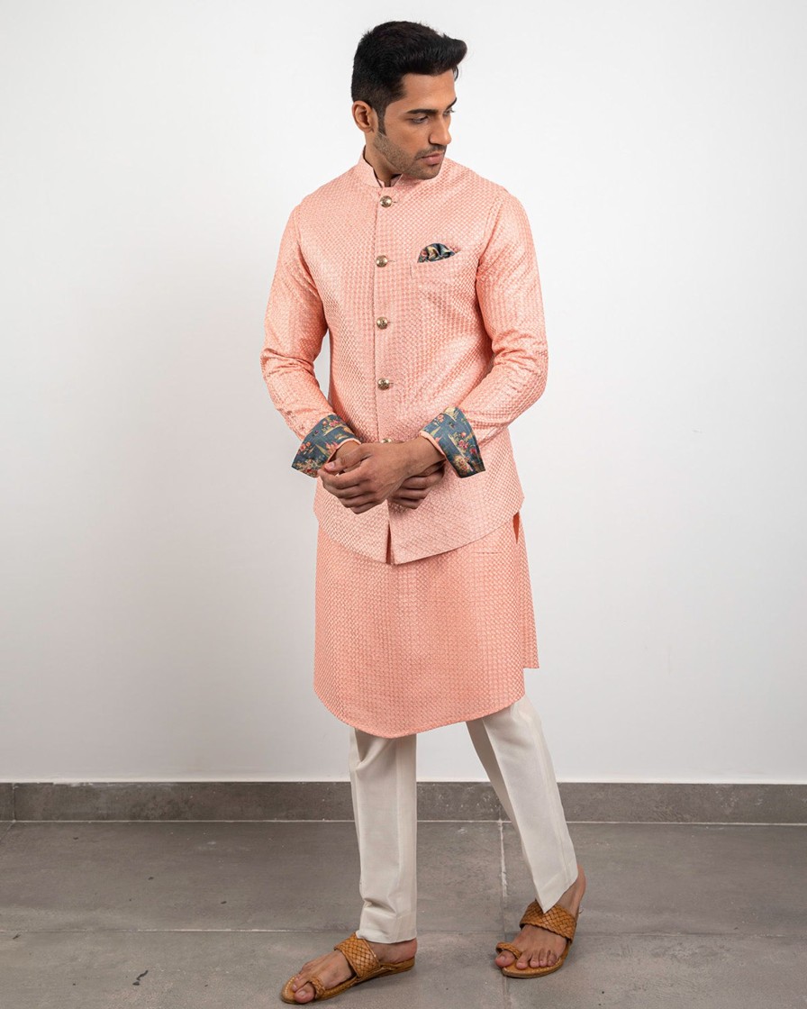 Mens Arjan Dugal | Peach Chanderi Silk Kurta Set