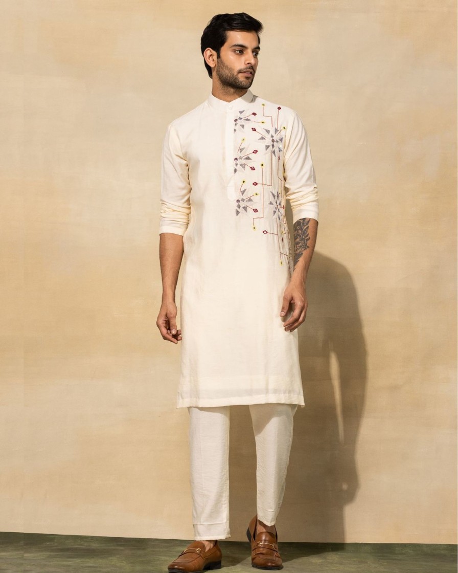 Mens Diya Rajvvir Mens | Ecru White Acrylic Cutdana Embroidered Kurta Set