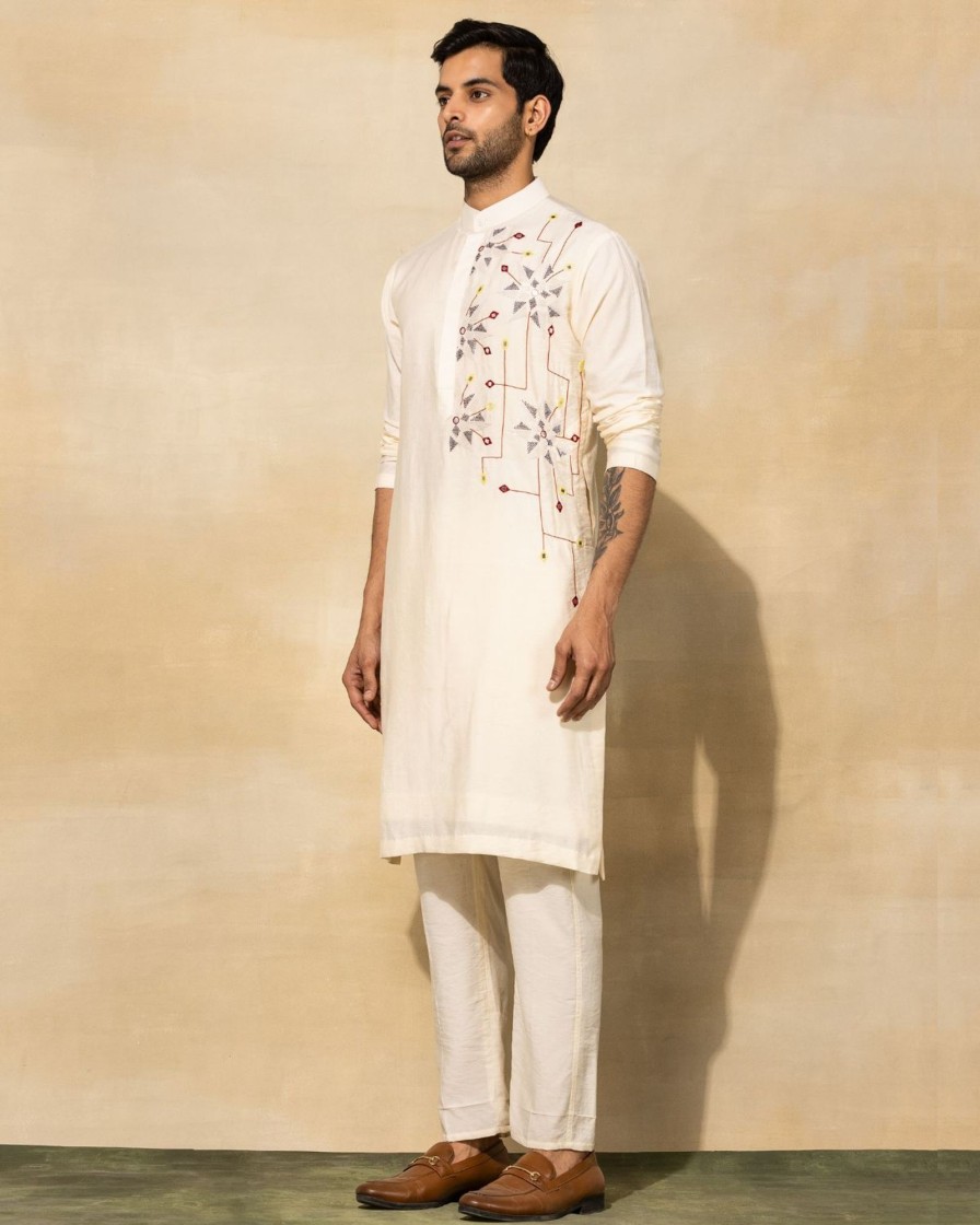 Mens Diya Rajvvir Mens | Ecru White Acrylic Cutdana Embroidered Kurta Set