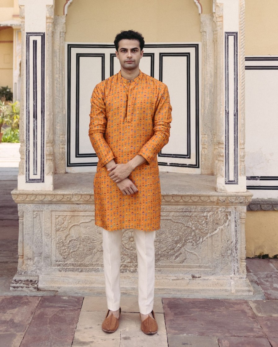 Mens Drishti u0026 Zahabia Mens | Tangerine Printed Kurta Set