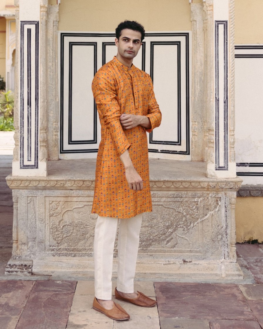 Mens Drishti u0026 Zahabia Mens | Tangerine Printed Kurta Set