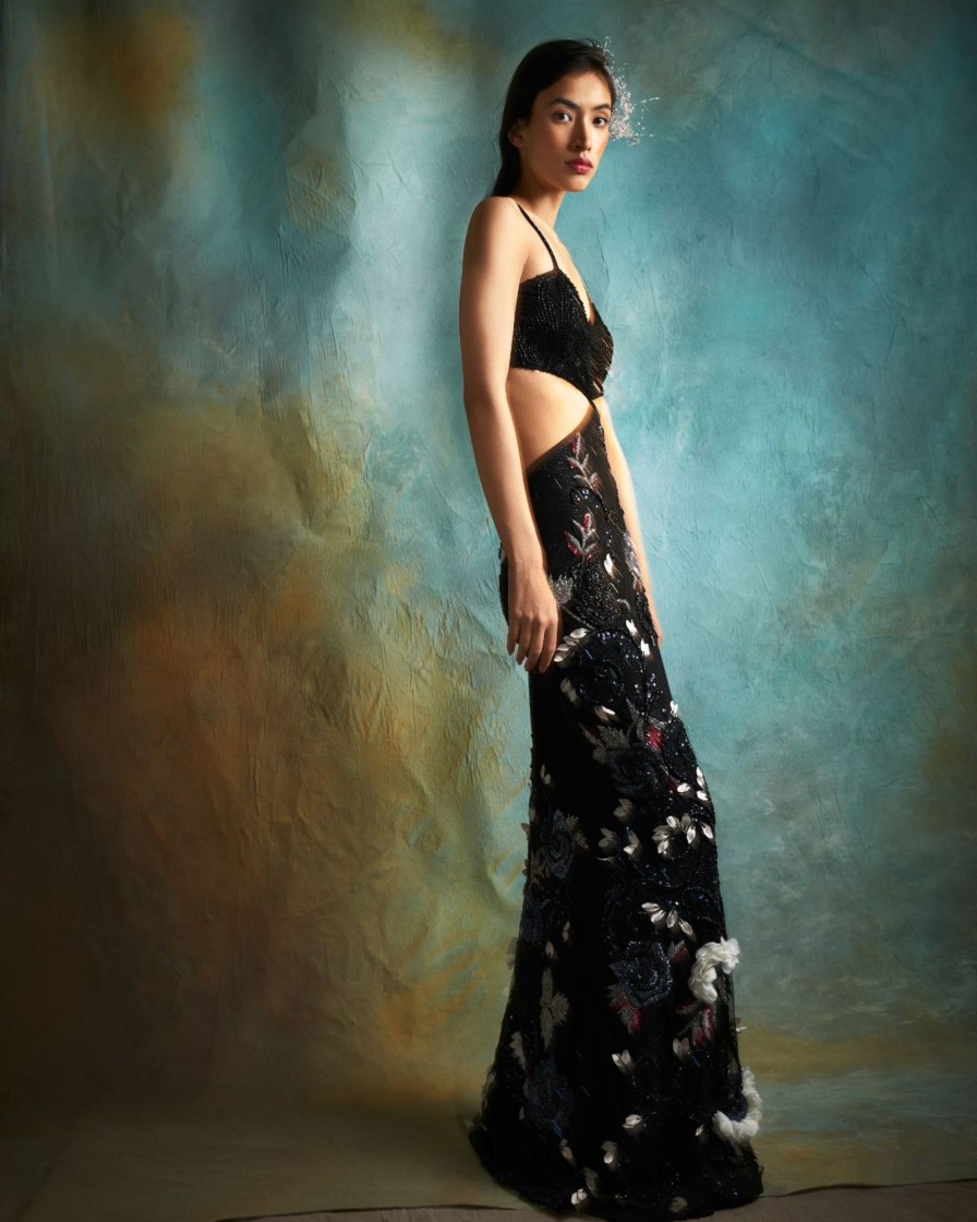 Womens Esha Sethi Thirani | Black Tulle Floral Embroidered Cut-Out Gown