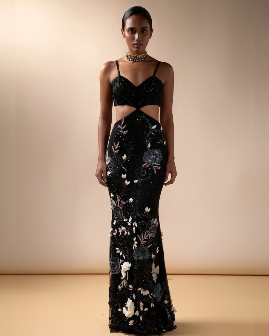 Womens Esha Sethi Thirani | Black Tulle Floral Embroidered Cut-Out Gown