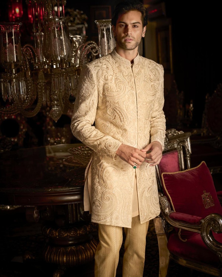 Mens Seema Gujral Mens | Cream Abstract Sherwani Set