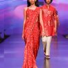 Womens Punit Balana | Red Satin Silk Printed U0026 Embroidered Pre-Draped Sari Set