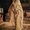 Womens Seema Gujral | Cream Gold Mirror Work Sari Set