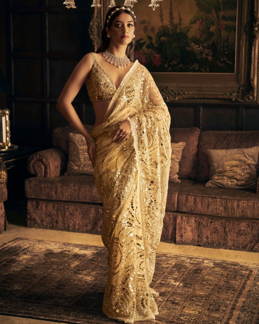 Womens Seema Gujral | Cream Gold Mirror Work Sari Set