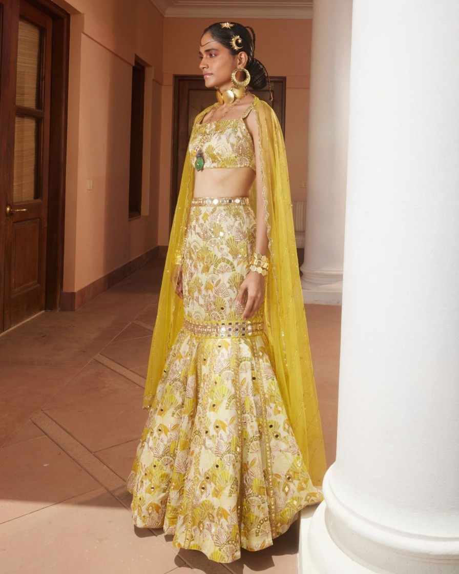 Womens Paulmi u0026 Harsh | Lime Yellow Geometric Floral Lehenga Set